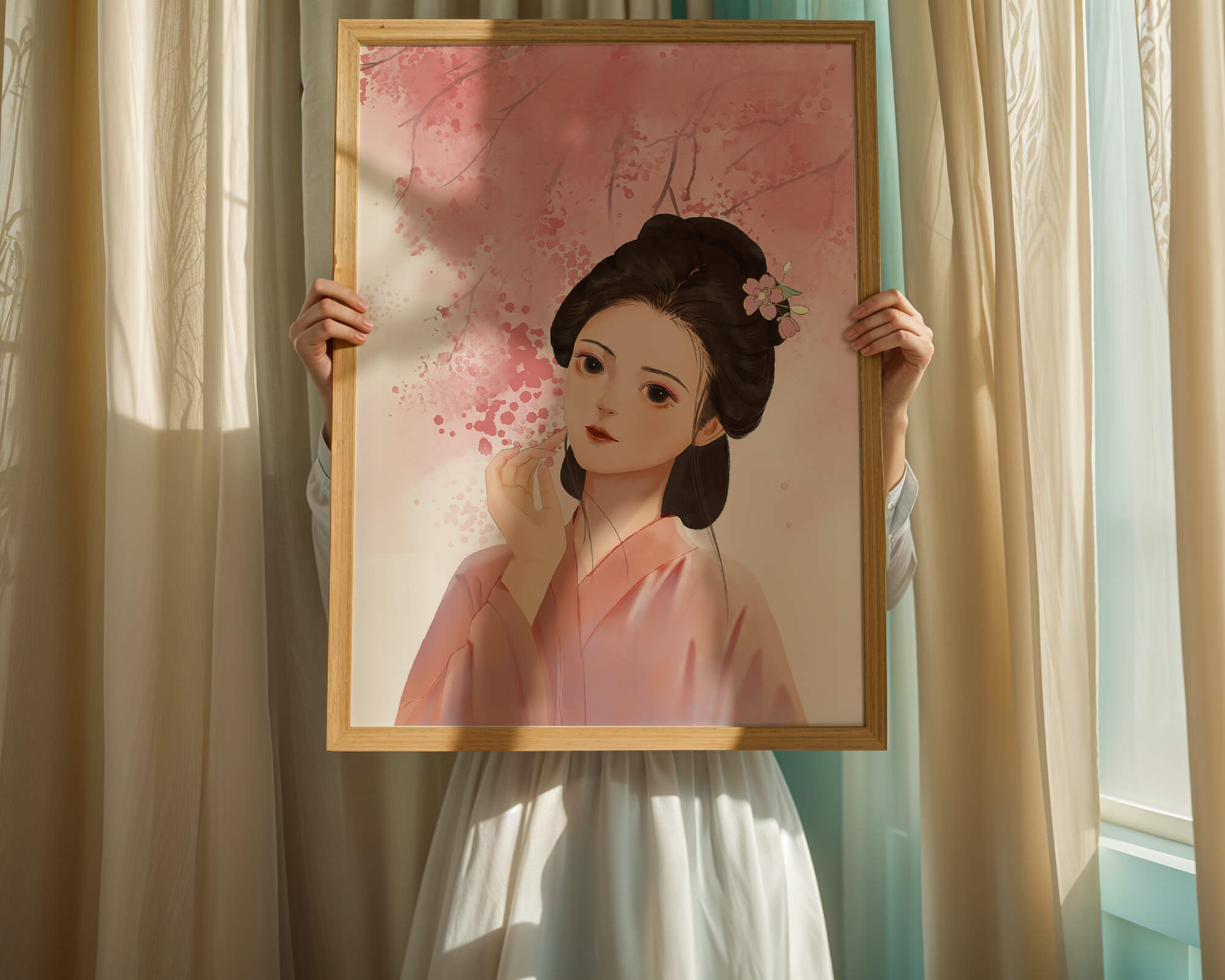 Traditional Japanese woman with pink cherry blossoms in the background