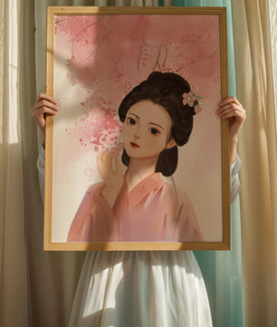 Femme japonaise traditionnelle avec des fleurs de cerisier roses en arrière-plan