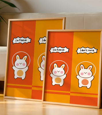 Adorable cartoon bunnies on vibrant orange and yellow background
