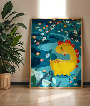Golden Dinosaur in Enchanted Floral Forest