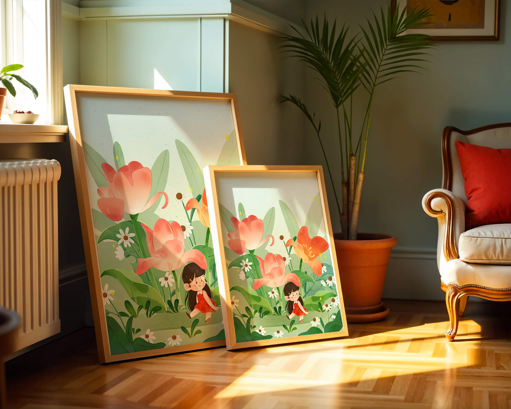 Charming floral garden with whimsical child illustration