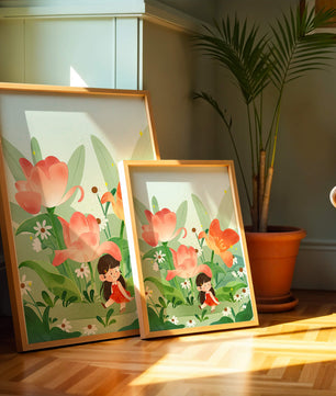 Encantador jardín floral con ilustración de niño caprichoso