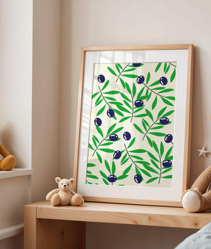 Olive branch pattern with green leaves and blue olives