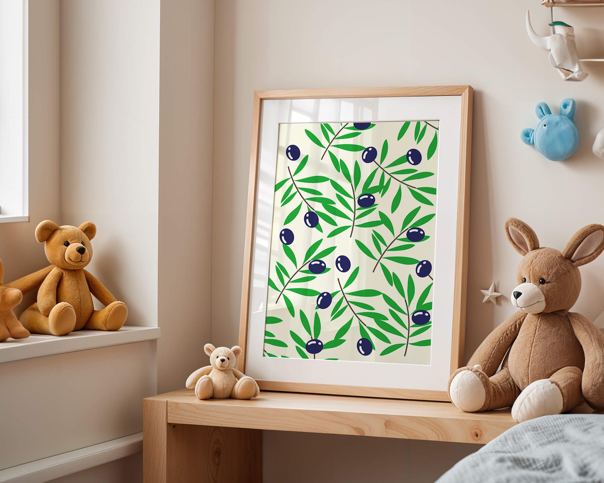 Olive branch pattern with green leaves and blue olives