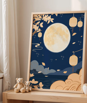 Full Moon Night with Lanterns and Falling Leaves in Tranquil Landscape