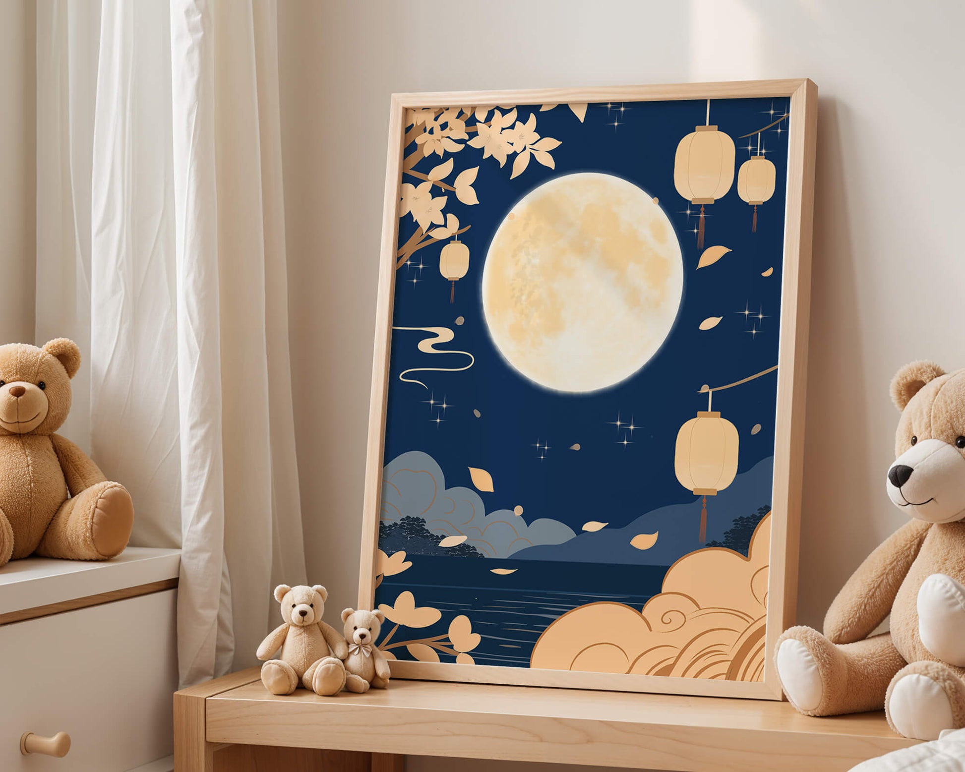 Full Moon Night with Lanterns and Falling Leaves in Tranquil Landscape