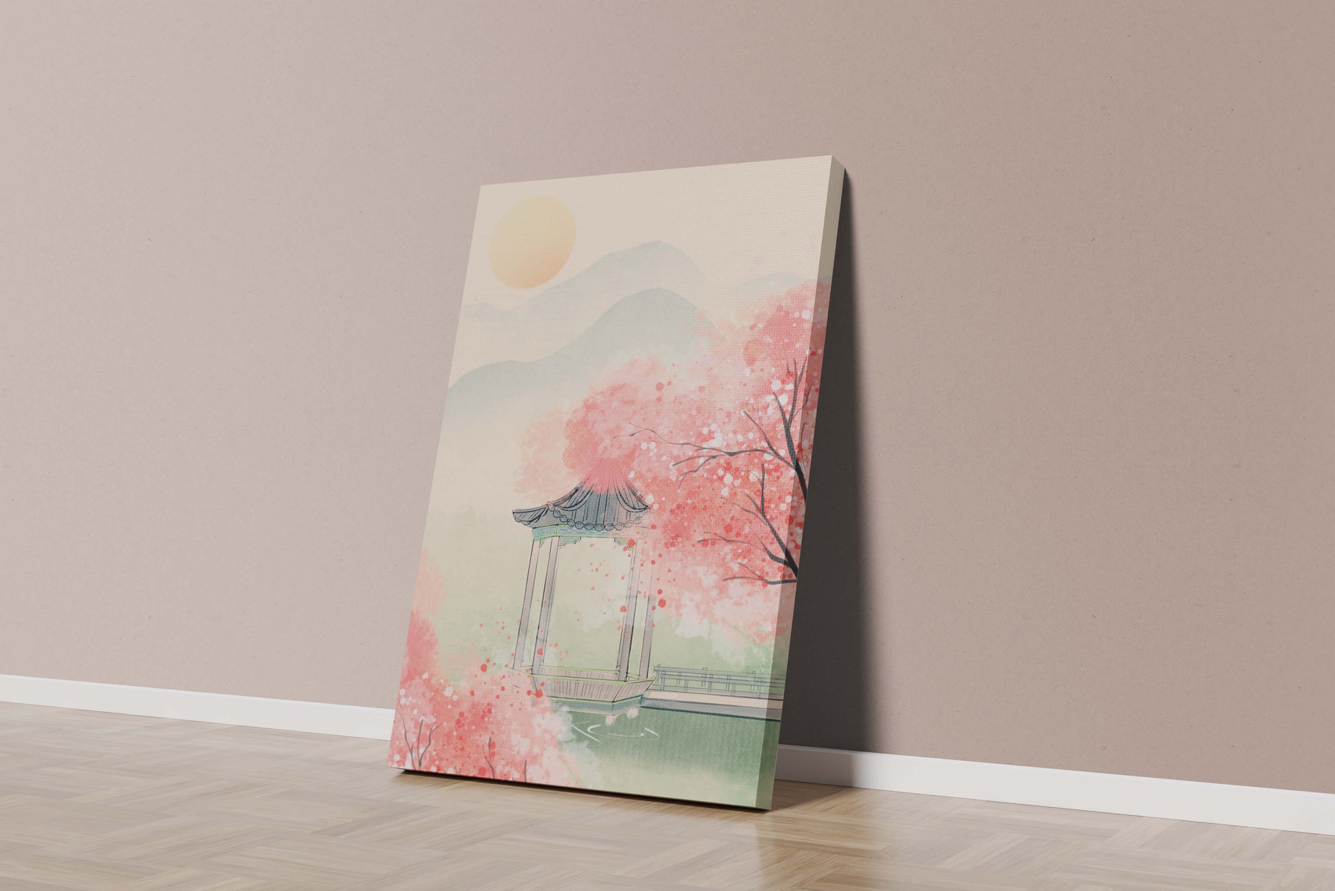 Serene landscape with cherry blossoms and traditional gazebo