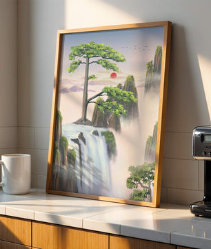 Serene landscape with flowing waterfall and sunrise