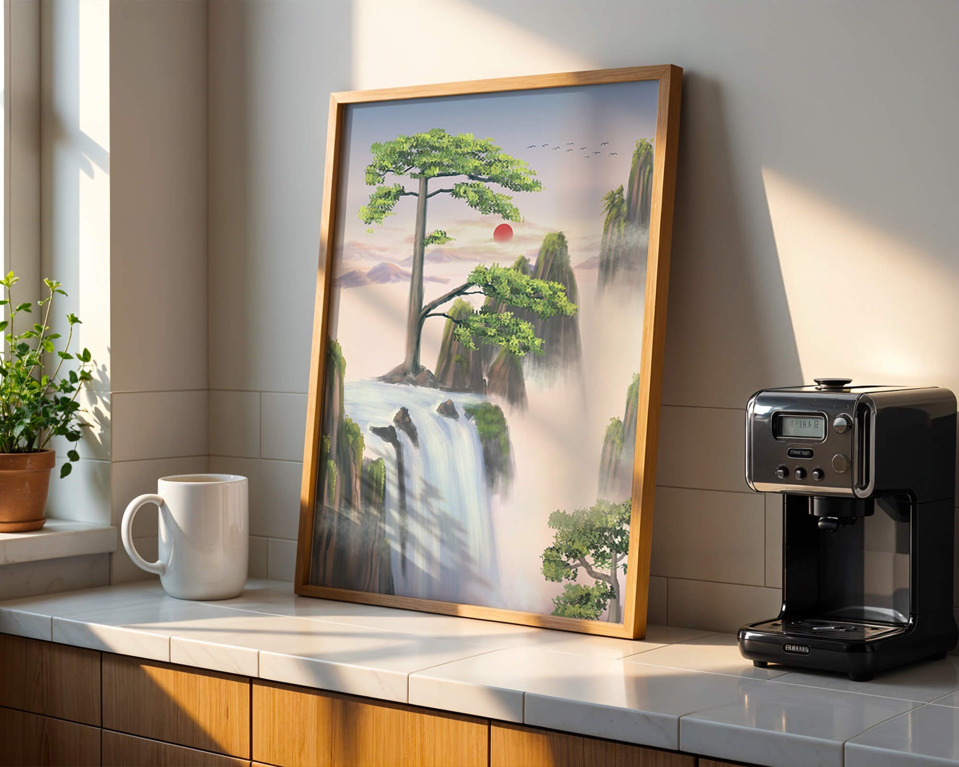 Serene landscape with flowing waterfall and sunrise