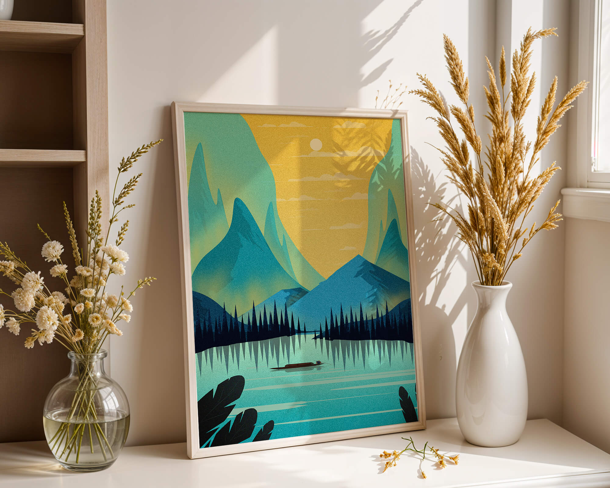 Serene lake landscape with mountains and sunset