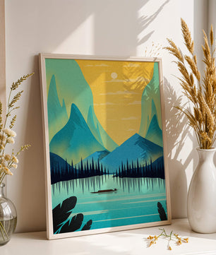 Serene lake landscape with mountains and sunset