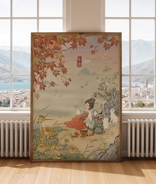 Traditional Chinese painting with autumn scenery and lady sipping tea