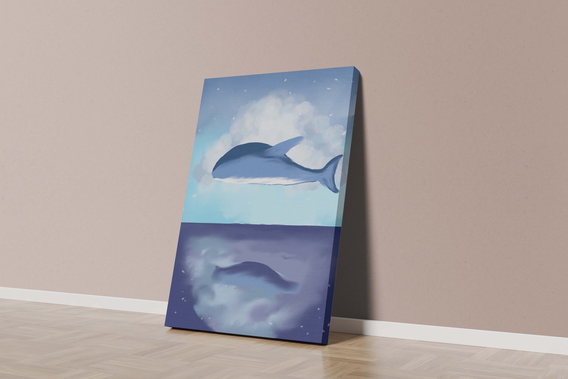 Surreal Ocean Scene with Floating Whale and Cloudy Sky Reflection