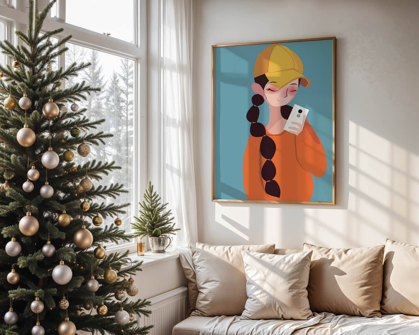 Colorful illustration of a girl with a smartphone