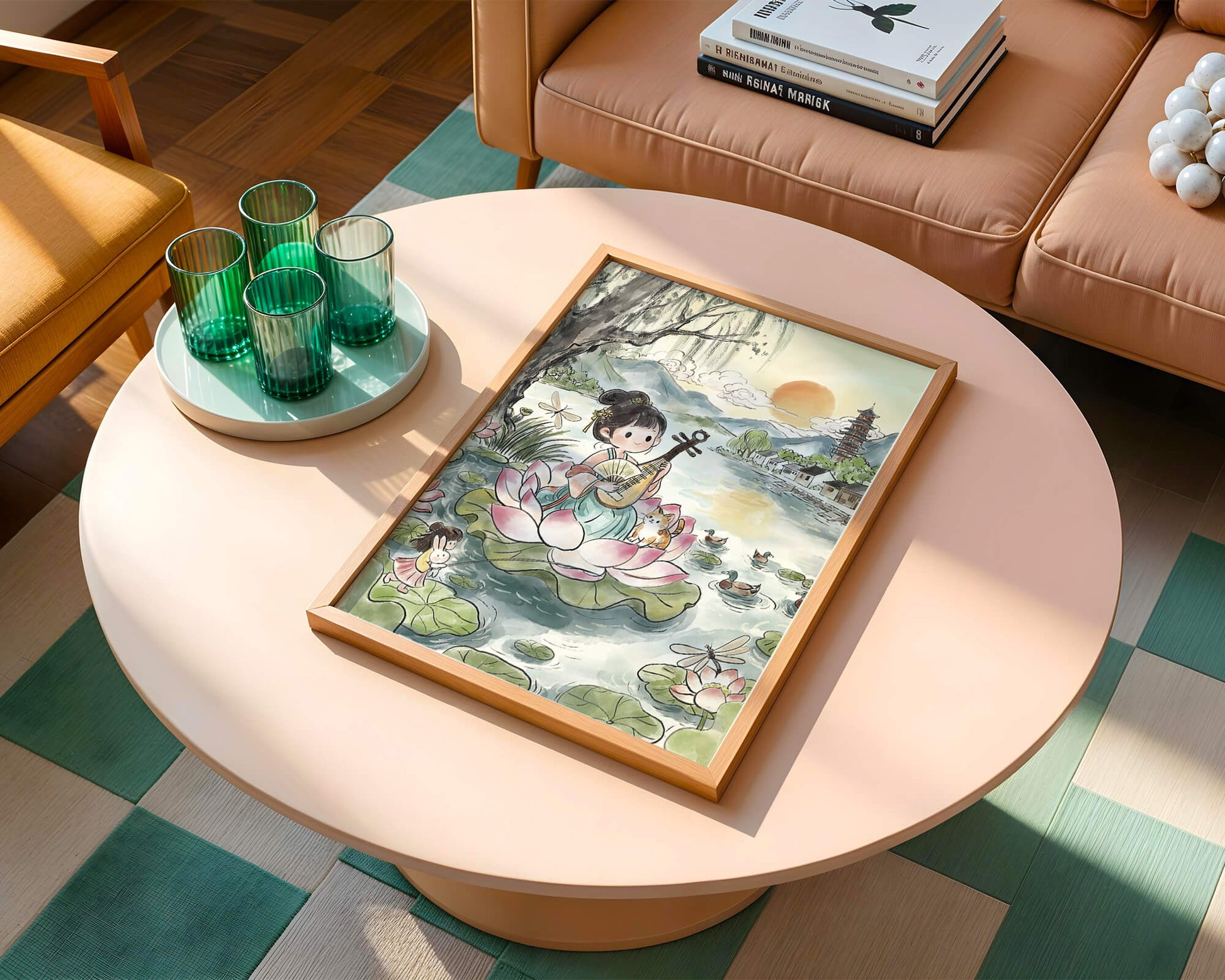 Traditional Asian Scenery with Girl Playing Instrument on Lotus Pond at Sunset