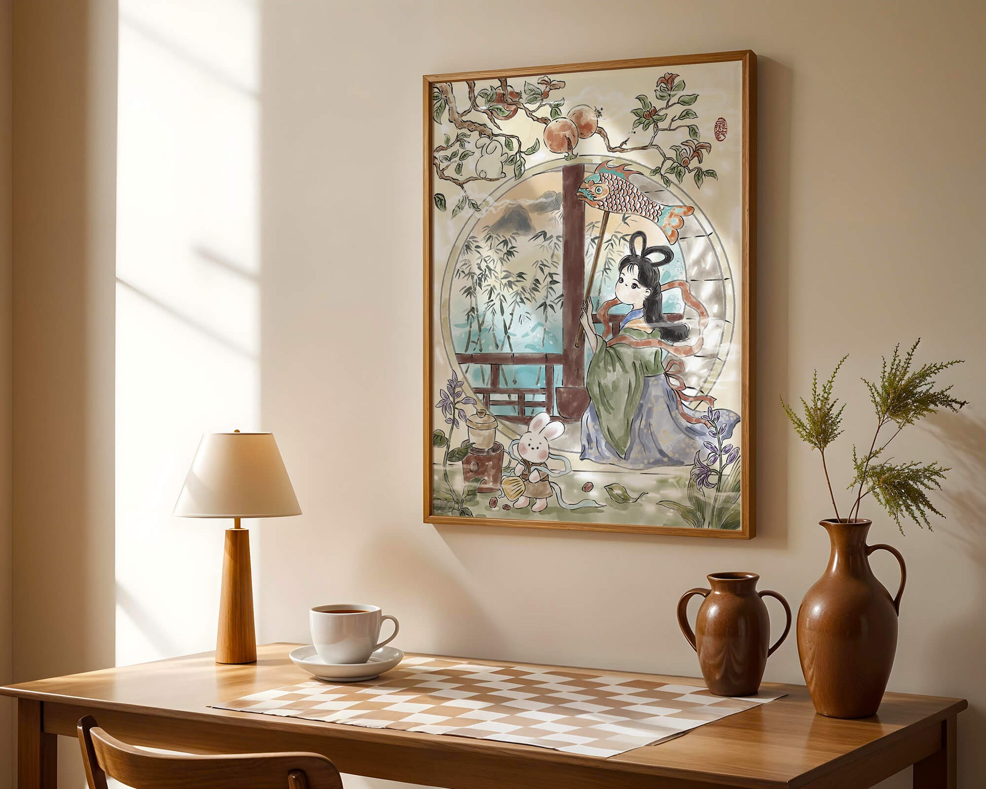 Escena de jardín tranquilo con una niña y un conejo