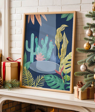 Ilustración botánica colorida con cactus y hojas tropicales