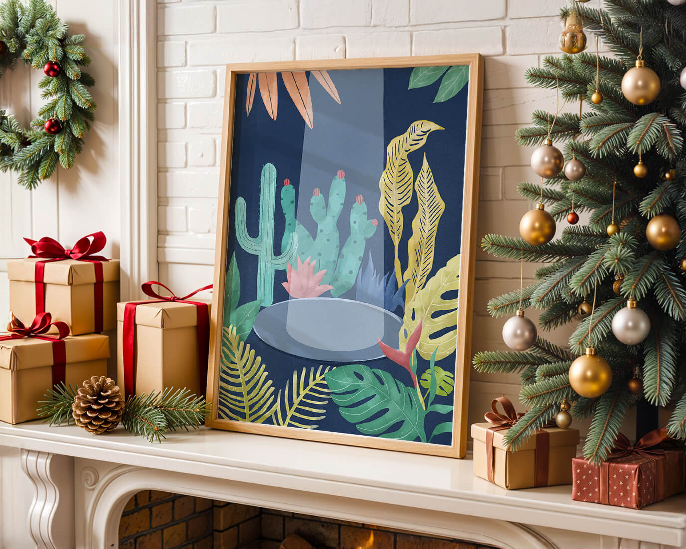 Colorful botanical illustration featuring cacti and tropical leaves
