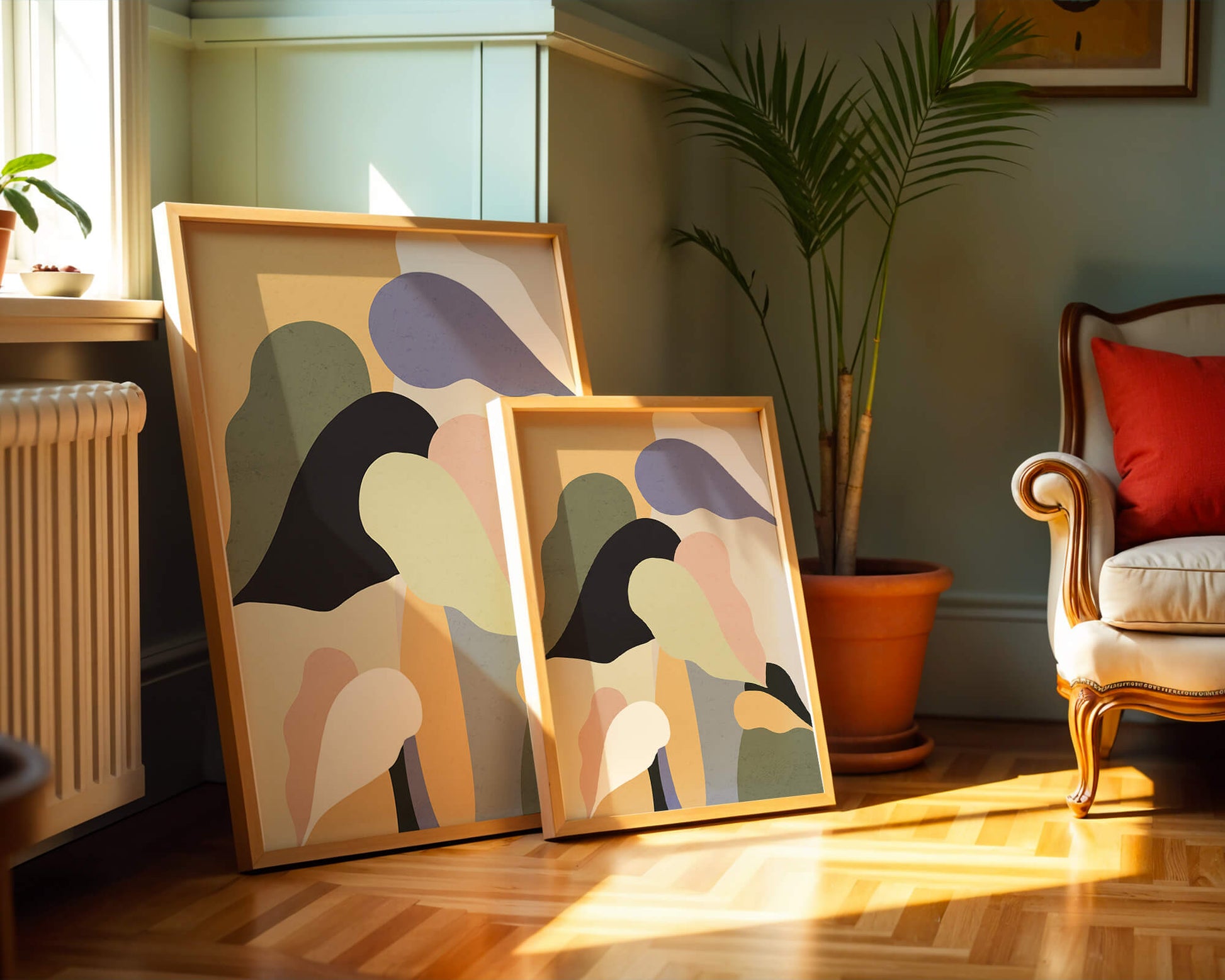 Abstract organic shapes in pastel colors with textured background