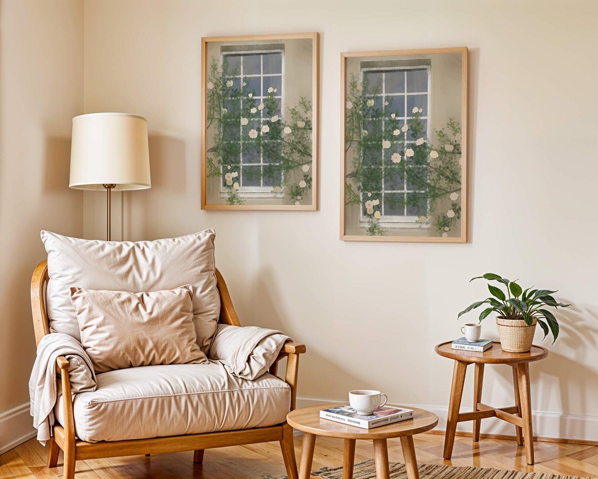Floral Window with Climbing Roses in a Tranquil Setting