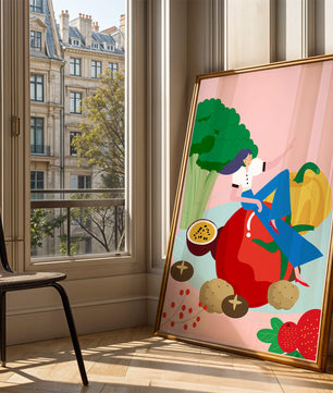 Ilustración de una mujer rodeada de vegetales y frutas vibrantes