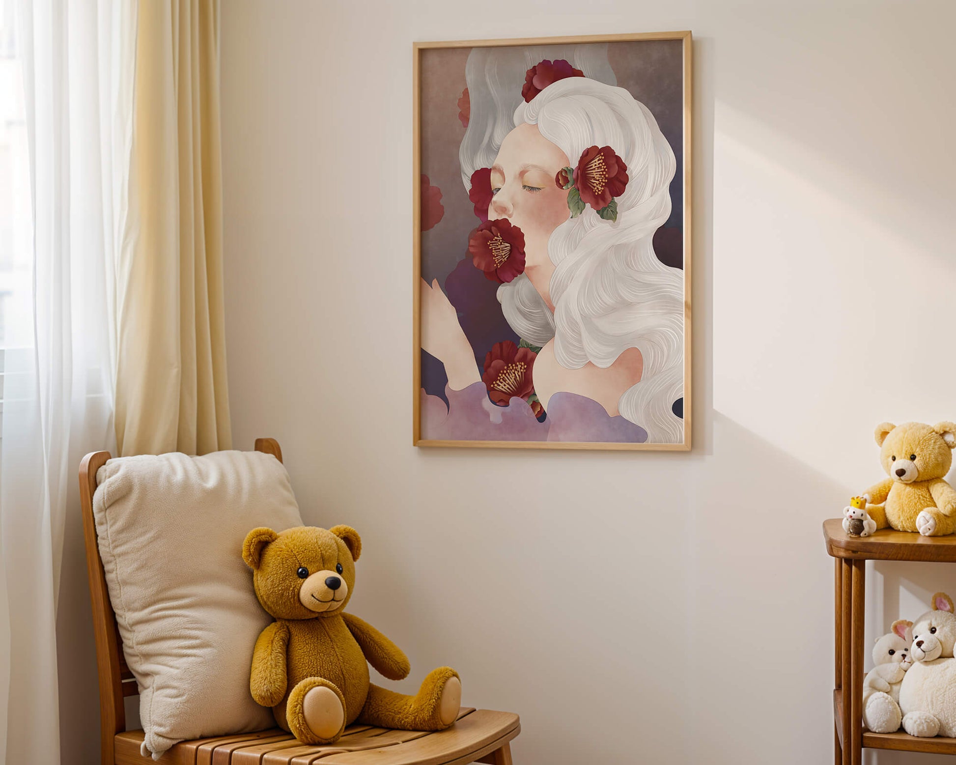 Dreamy Portrait of a Woman with White Hair and Red Flowers