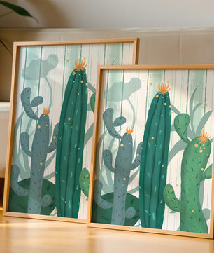 Colorful Cacti with Golden Elements on a Textured Background