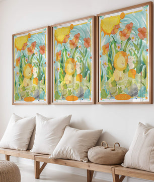 Charming watercolor illustration of lion and rabbit in a vibrant floral landscape