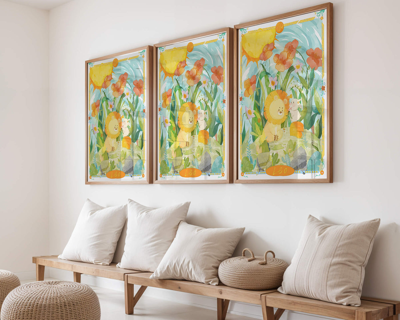 Charming watercolor illustration of lion and rabbit in a vibrant floral landscape