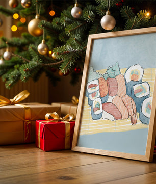 Illustration of assorted sushi rolls with shrimp and salmon on a bamboo mat