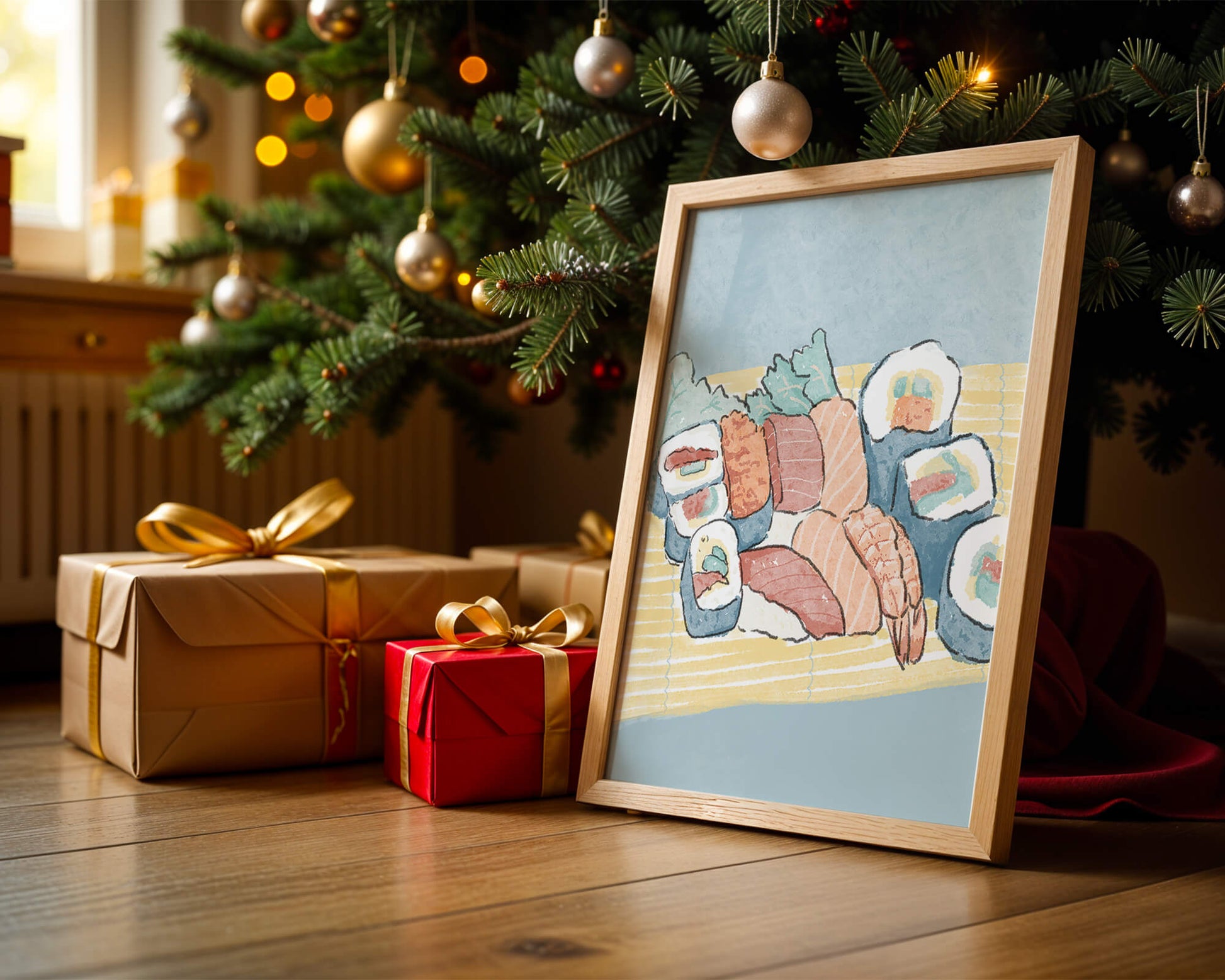 Illustration of assorted sushi rolls with shrimp and salmon on a bamboo mat