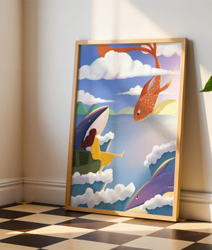 Escena onírica con vida marina y figura flotante en el cielo