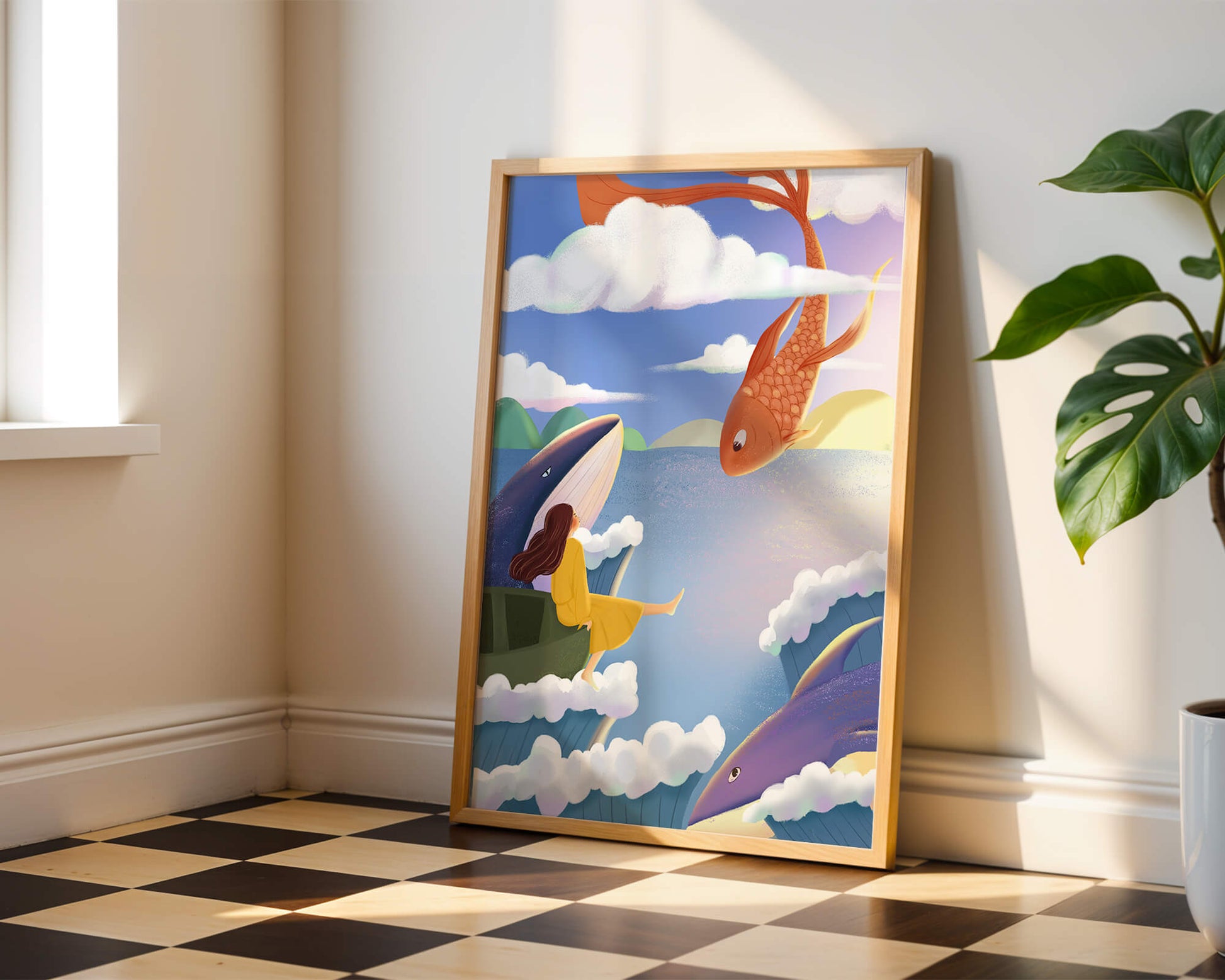 Dreamlike scene with marine life and floating figure in the sky