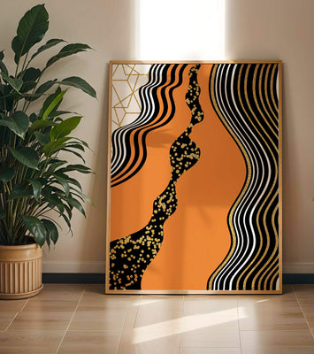 Artistic abstract design with wavy black lines and golden accents