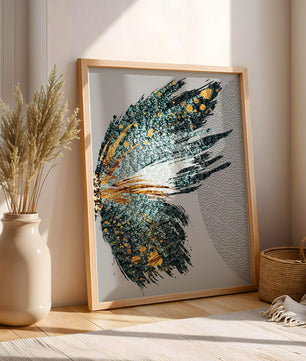Ala de mariposa abstracta con detalles turquesa y dorados