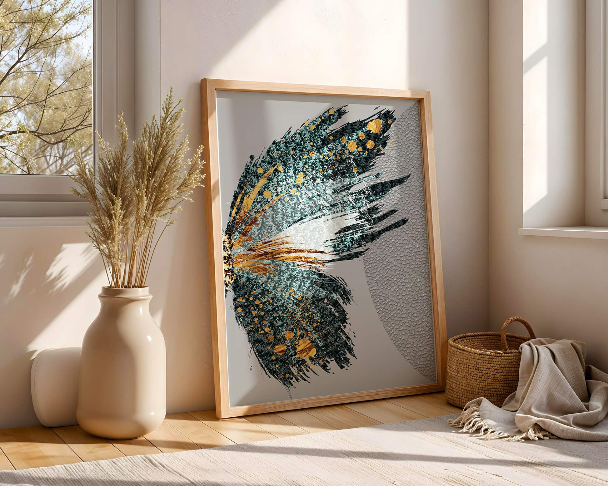 Ala de mariposa abstracta con detalles turquesa y dorados