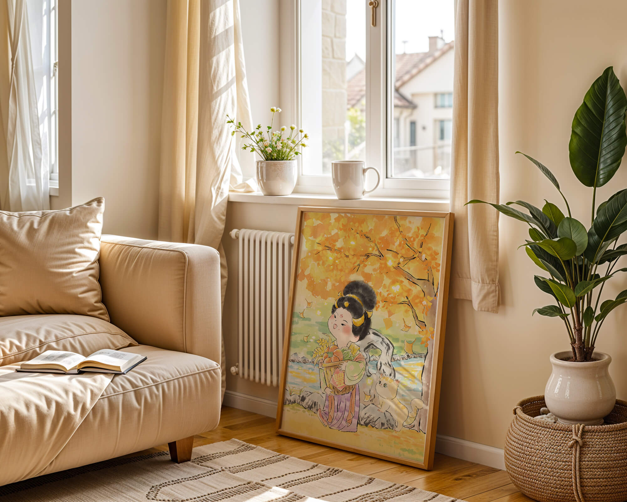 Charming watercolor scene of girl with basket in autumn setting