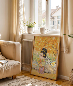 Charmante Aquarellszene eines Mädchens mit Korb in herbstlicher Umgebung
