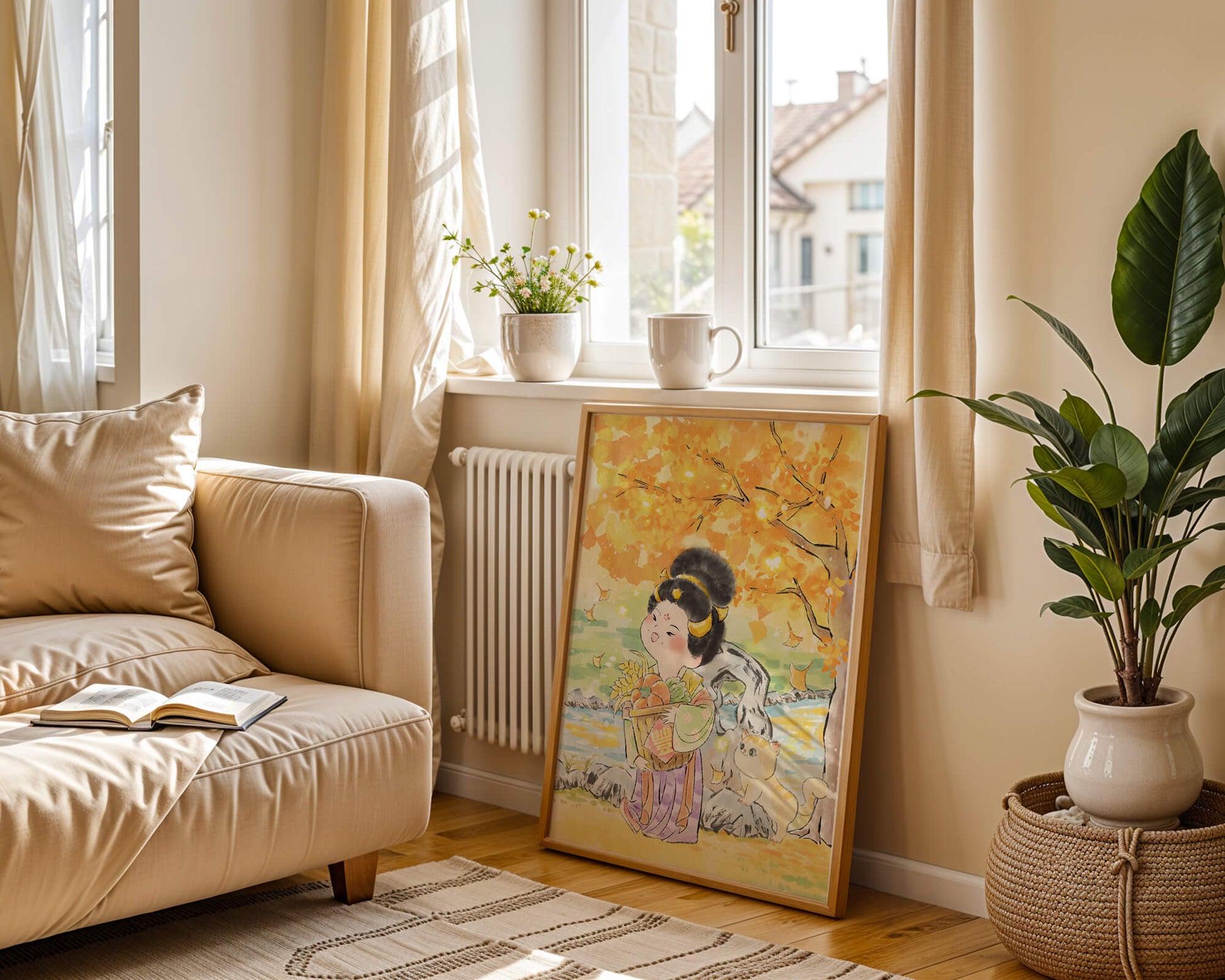 Charming watercolor scene of girl with basket in autumn setting