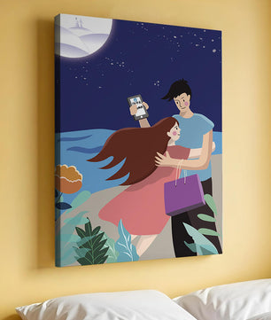 Pareja romántica abrazándose bajo una noche iluminada por la luna