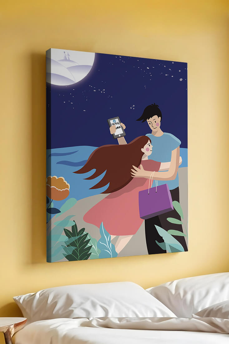 Romantic couple embracing under a moonlit night