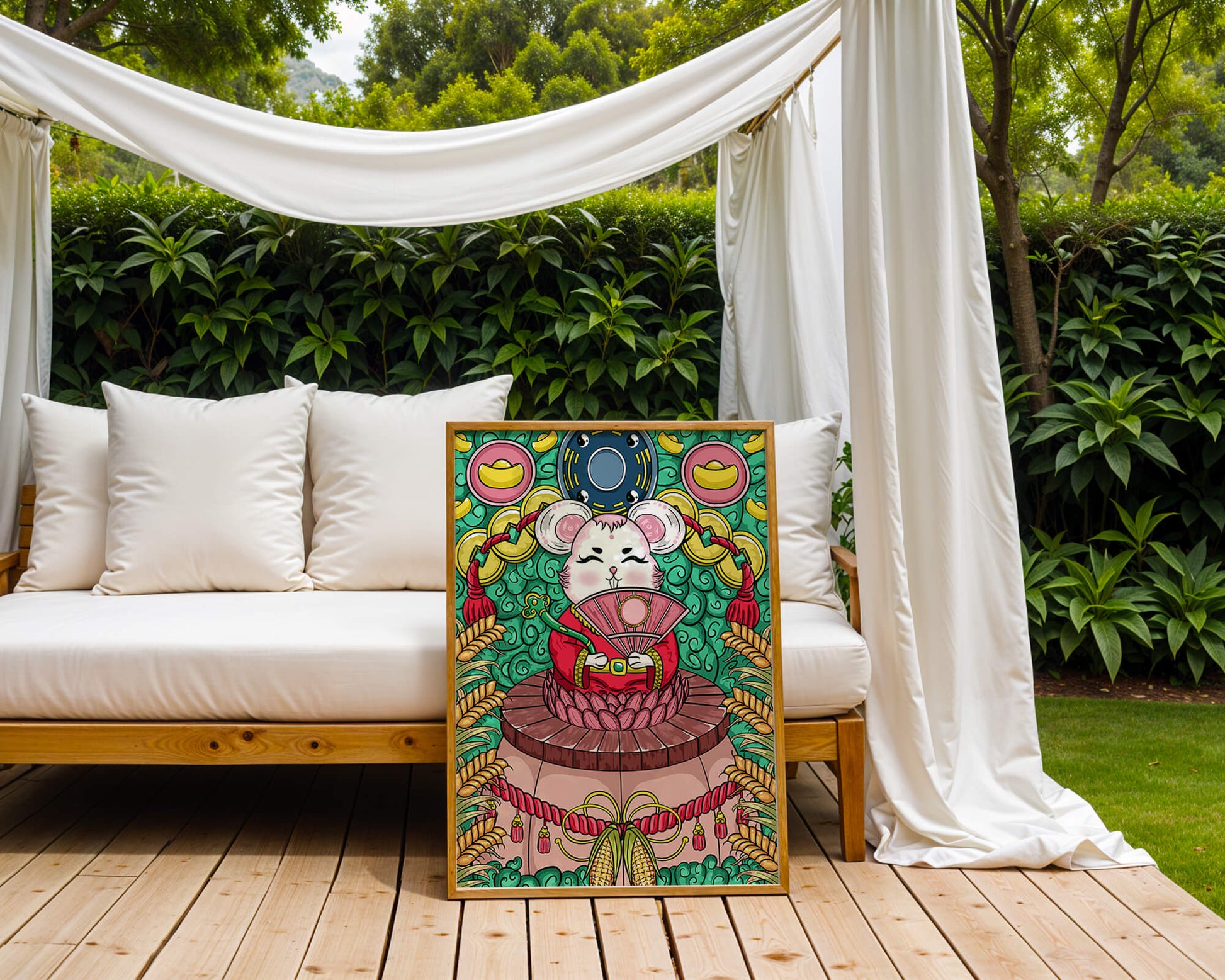 Encantador ratón decorativo con elementos asiáticos y monedas sobre un fondo vibrante.