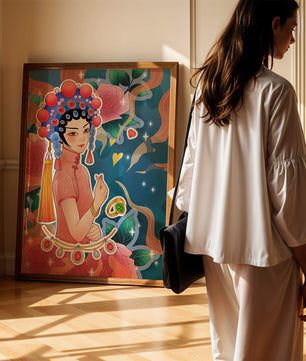 Traditional Asian-inspired illustration with jewelry and floral accents