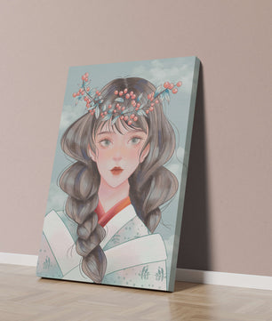 Illustration d'une jeune femme avec une coiffe florale sur fond de ciel nuageux