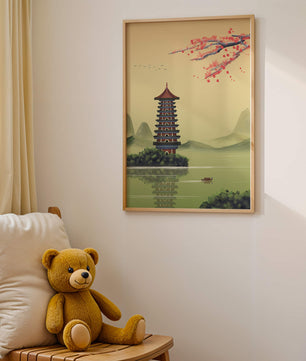 Serene landscape with traditional pagoda and blooming cherry blossoms