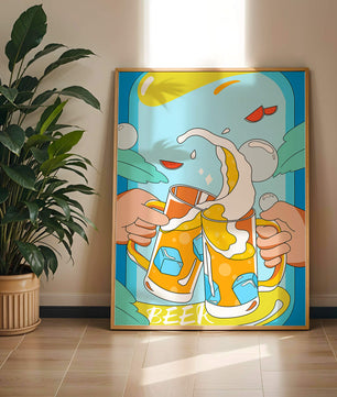 Colorful Illustration of Two Clinking Beer Mugs with Ice Cubes and Citrus Slices