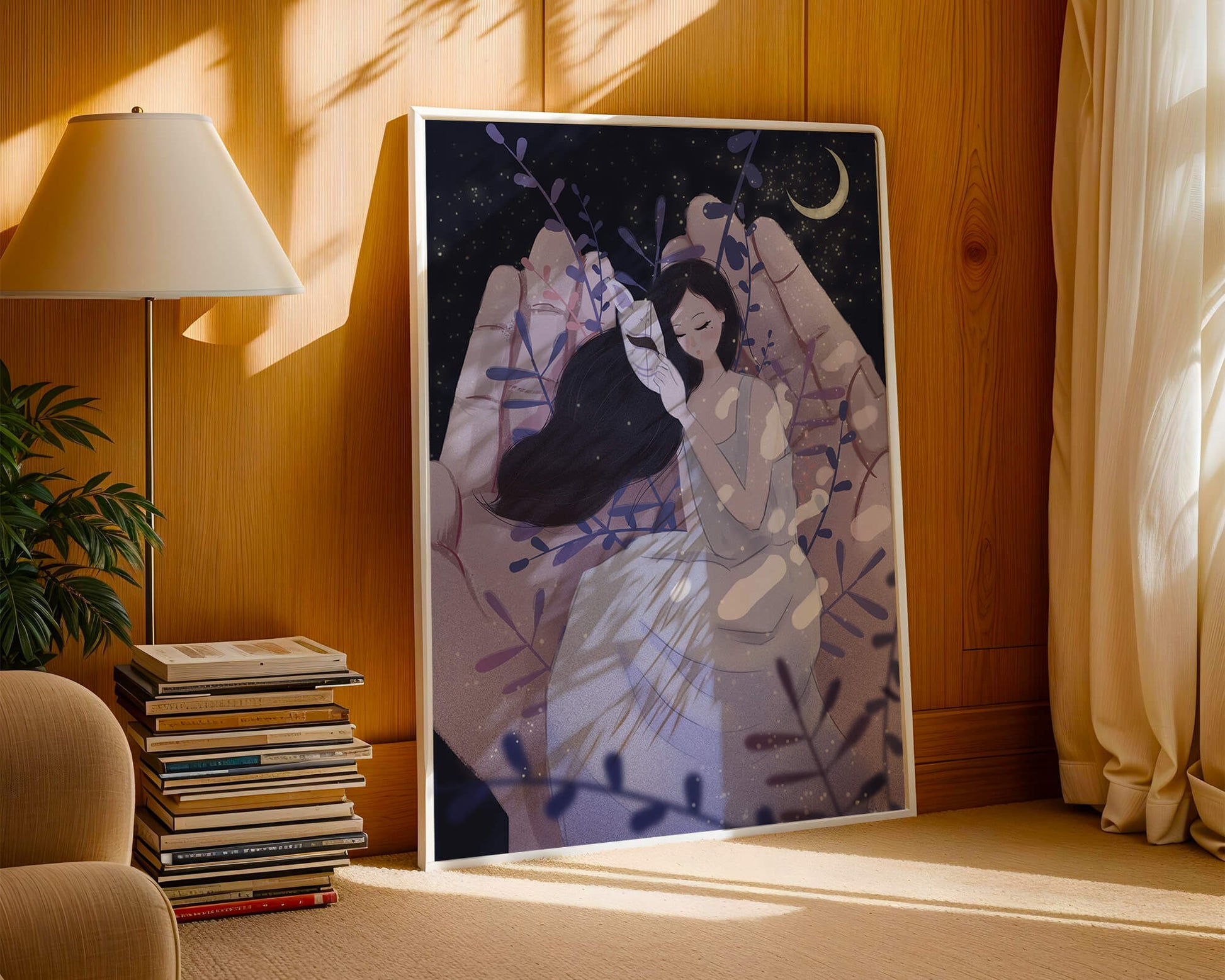 Un momento tierno bajo la luz de la luna con máscara y atmósfera onírica