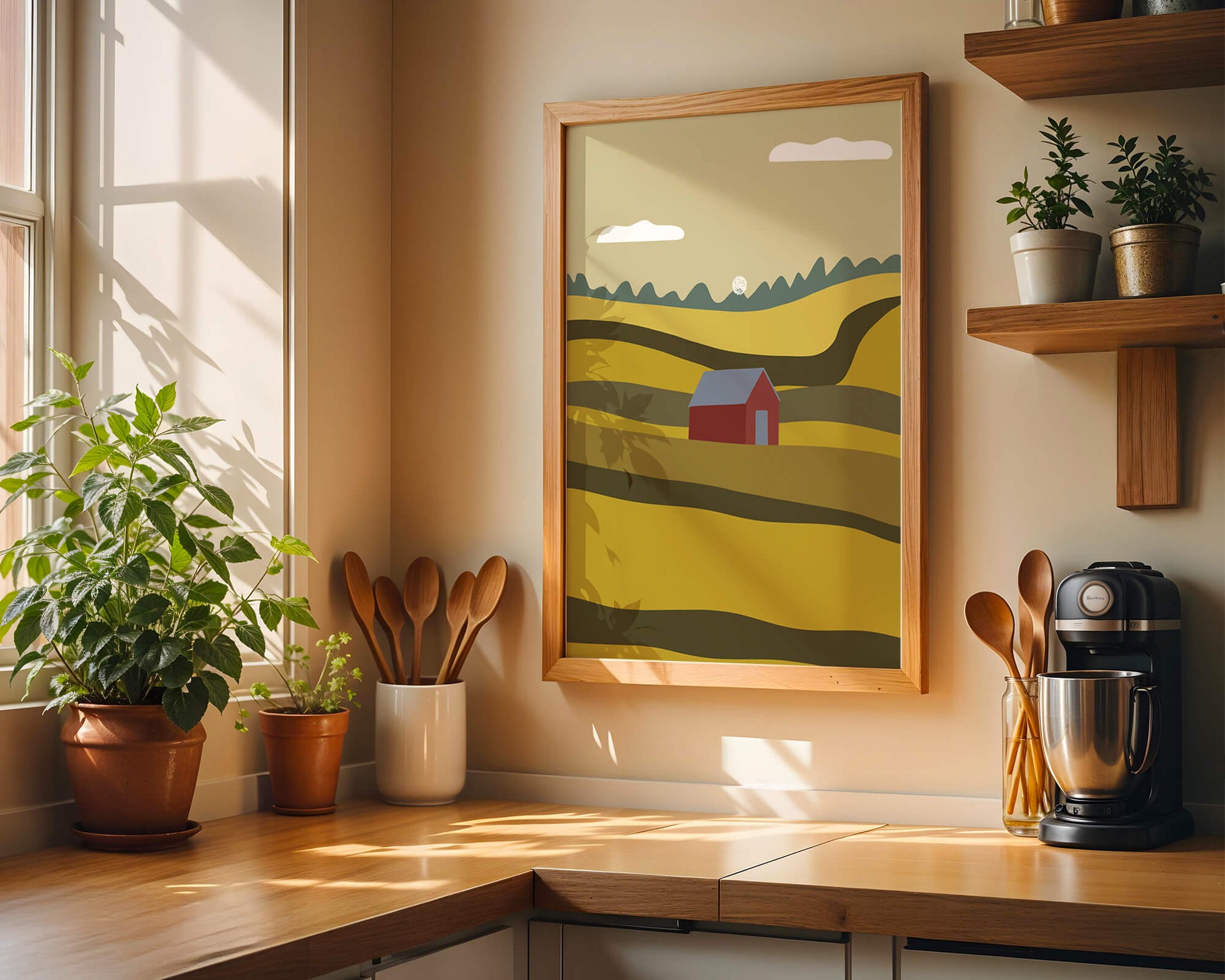 Paisaje con granero rojo entre colinas onduladas bajo un cielo azul