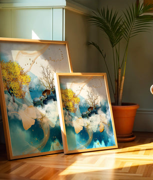Surreal Nature Scene with Elephants and Golden Leaves