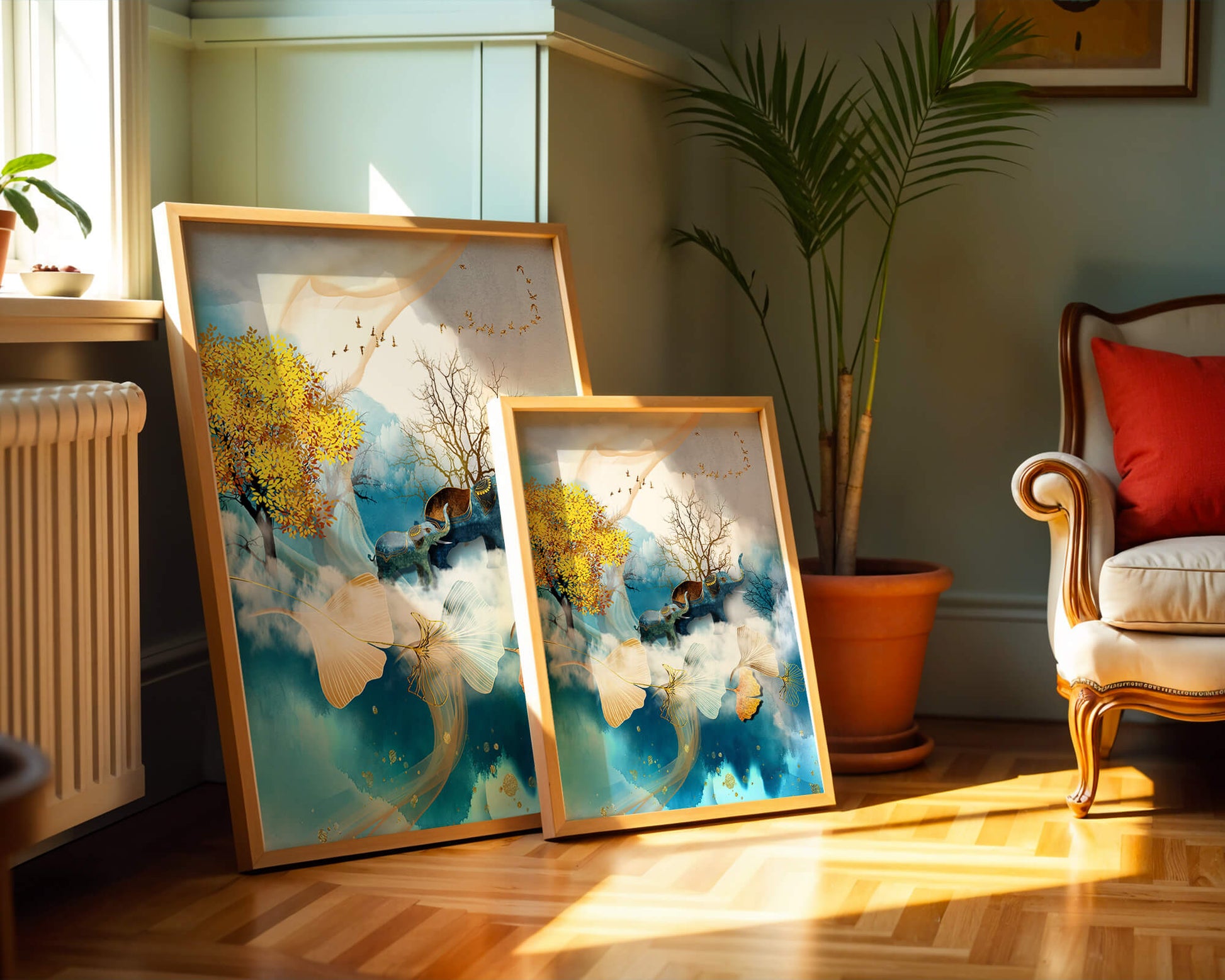 Escena surrealista de la naturaleza con elefantes y hojas doradas